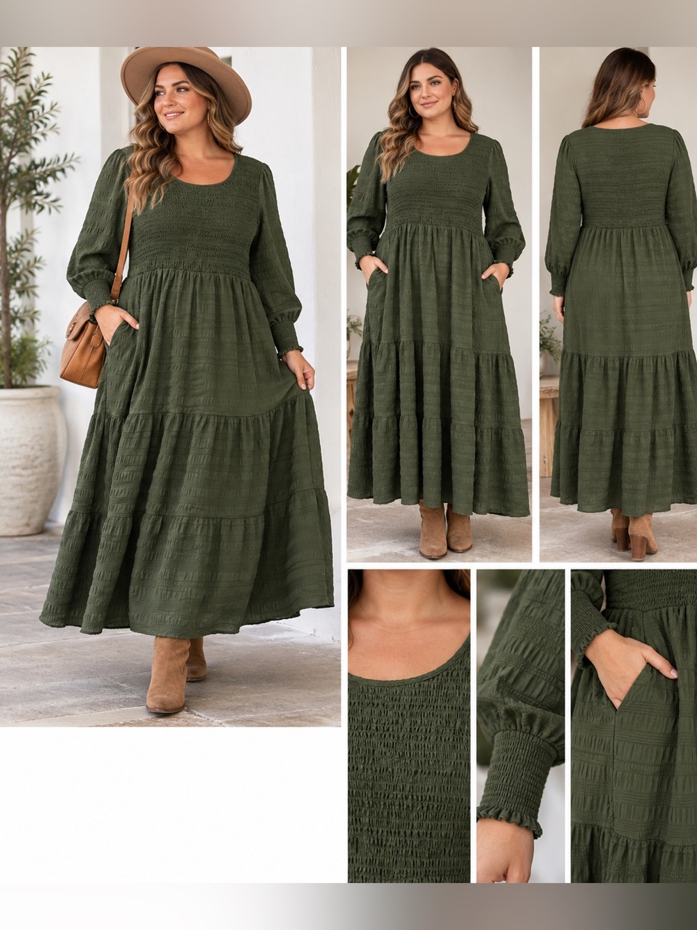 Bloomchic Olive Green Smocked Tiered Maxi Dress 22/24 Boho Cottagecore